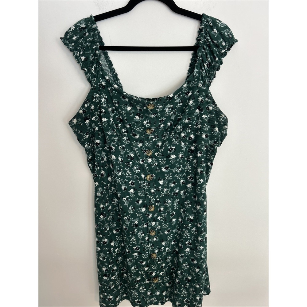 No Boundaries Green Black Floral Button‎ Front Large Dress